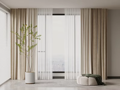 Modern Beige Curtains With Sheer Layers And City View By Window With Potted Plant 3d model