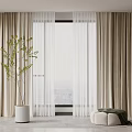 Modern Beige Curtains With Sheer Layers And City View By Window With Potted Plant