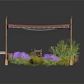 Outdoor Canopy Structure With Four Posts Stone Bench Purple Flowers And Green Plants