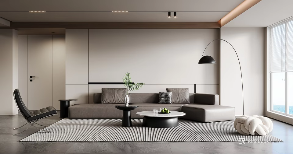 Modern Living Room Interior Design With Sofa Coffee Table Striped Rug Floor Lamp And Plant 3d model 