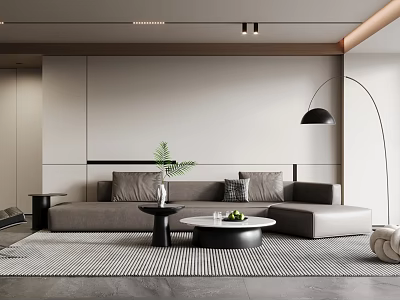 Modern Living Room Interior Design With Sofa Coffee Table Striped Rug Floor Lamp And Plant 3d model