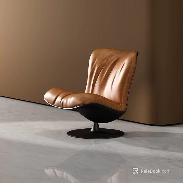 Modern Brown Leather Leisure Chair With Curved Backrest And Black Round Base 3d model 