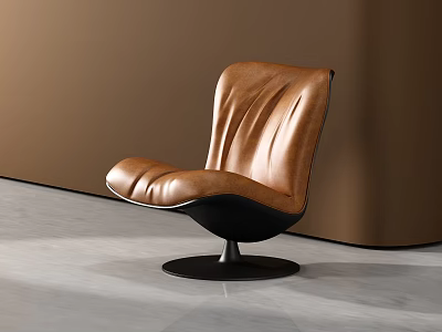 Modern Brown Leather Leisure Chair With Curved Backrest And Black Round Base 3d model