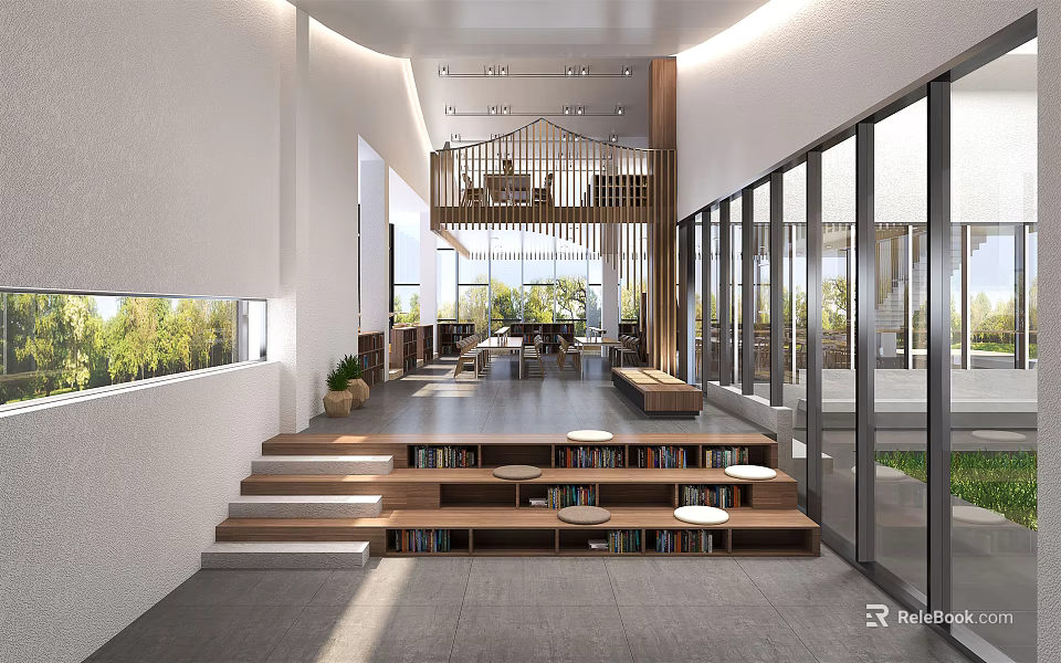 Contemporary Book Art Space Design With Wooden Bookshelves Staircase And Natural Light 3d model 
