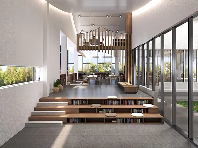 Contemporary Book Art Space Design With Wooden Bookshelves Staircase And Natural Light 3d model
