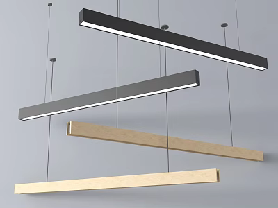 Modern Minimalist Linear Pendant Lights Featuring Black Metal And Wooden Long Strip Design 3d model