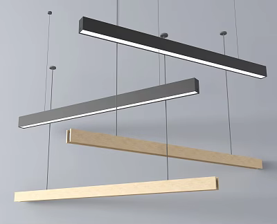 Modern Minimalist Linear Pendant Lights Featuring Black Metal And Wooden Long Strip Design 3d model