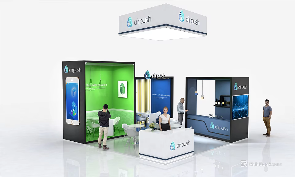 Drush Exhibition Booth With Multiple Sections Colorful Design Digital Screens And People Interacting 3d model 
