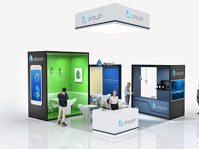 Drush Exhibition Booth With Multiple Sections Colorful Design Digital Screens And People Interacting 3d model