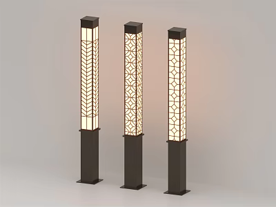 Modern Columnar Outdoor Lights with Intricate Cutout Patterns and Illuminated Dark Base 3d model