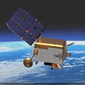 Modern Satellite With Solar Panels And Antenna Orbiting Blue Earth With Clouds