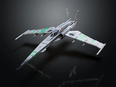 Detailed Futuristic Space Starfighter Model With Gray Green Design And Wings 3d model