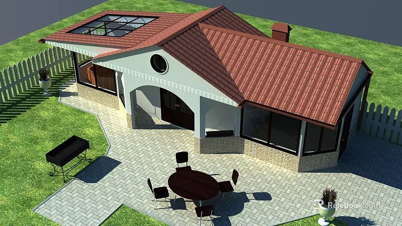 Modern Detached House with Red Tiled Roof Skylight Courtyard Patio and Outdoor Dining Set 3d model 