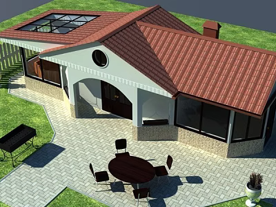 Modern Detached House with Red Tiled Roof Skylight Courtyard Patio and Outdoor Dining Set 3d model