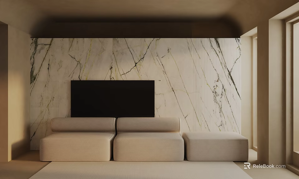 Modern Three-Seater Sofa In Beige Upholstery With Marble Wall And TV In Living Room 3d model 