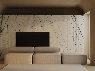 Modern Three-Seater Sofa In Beige Upholstery With Marble Wall And TV In Living Room 3d model