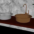Contemporary Double Washbasin Design With Stainless Steel And Brass Sinks On Wooden Countertop