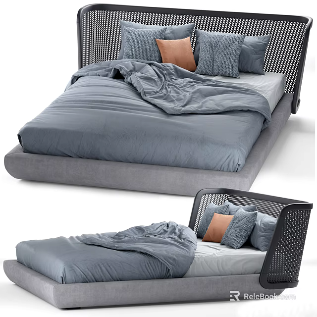 Double Bed With Wicker Headboard Gray Bedspread And Soft Throw Pillows 3d model