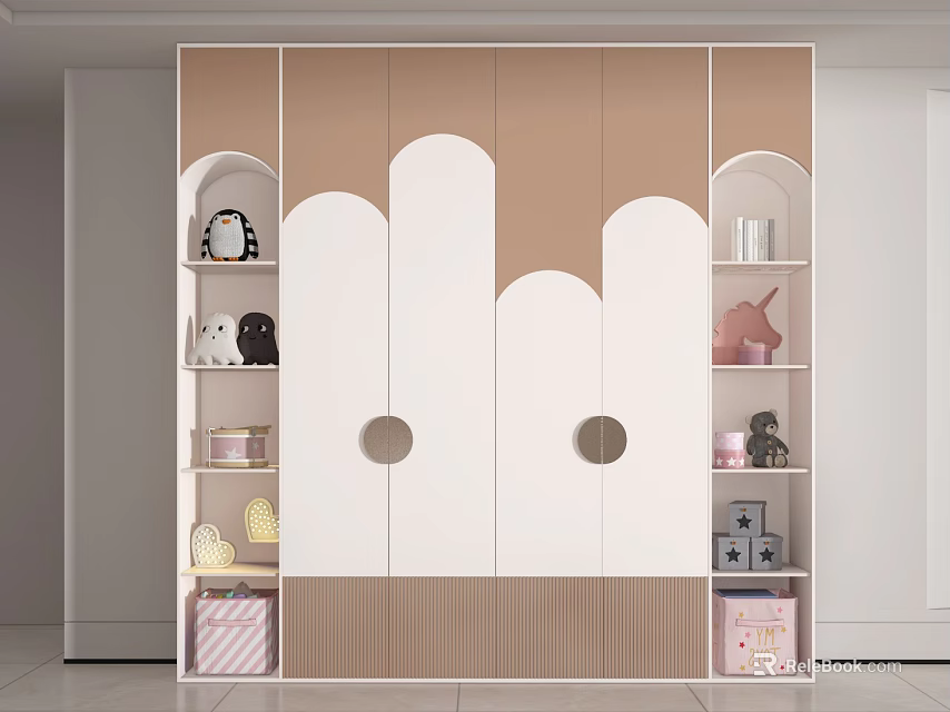 Modern Playful Kids Wardrobe Design With Cloud Shaped Doors Open Shelves And Stuffed Toys 3d model 