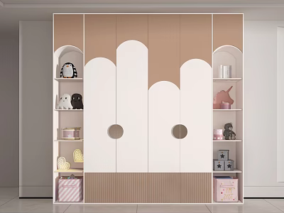 Modern Playful Kids Wardrobe Design With Cloud Shaped Doors Open Shelves And Stuffed Toys 3d model