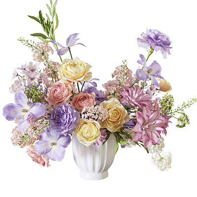 White Vase Floral Arrangement With Purple Pink Yellow Flowers And Greenery 3d model