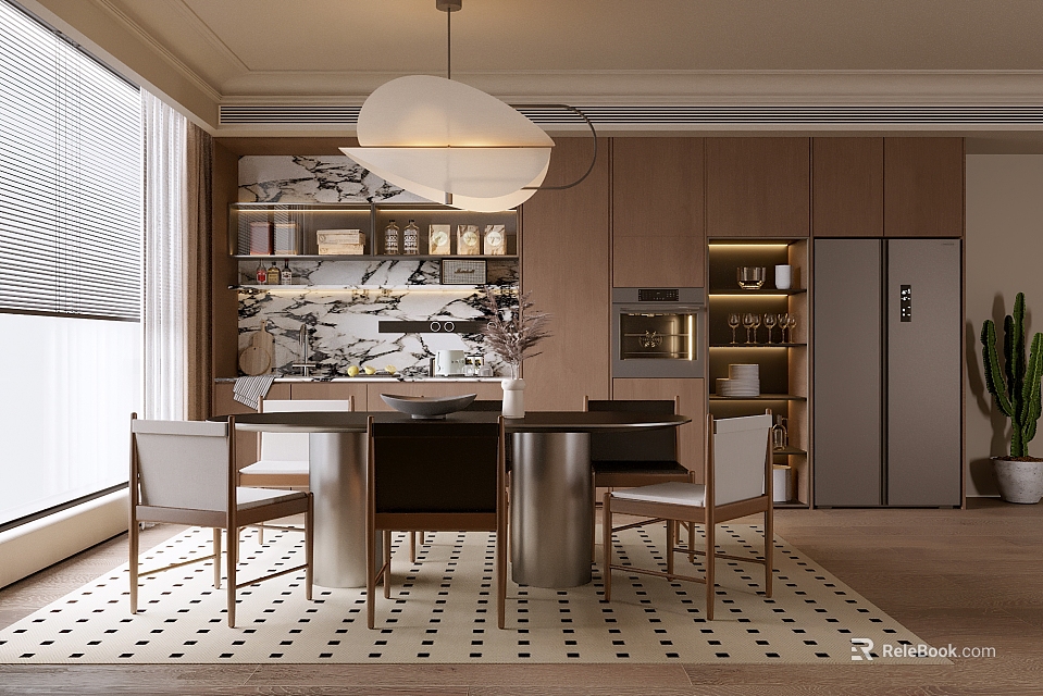 Modern Open Dining Room Interior With Wooden Table Chairs Pendant Light And Checkered Rug 3d model 