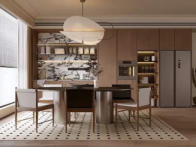 Modern Open Dining Room Interior With Wooden Table Chairs Pendant Light And Checkered Rug 3d model