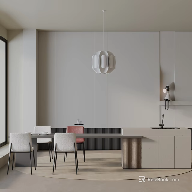 Modern Dining Table Set With Chairs Pendant Light Light Gray Cabinets And Light Floor 3d model 