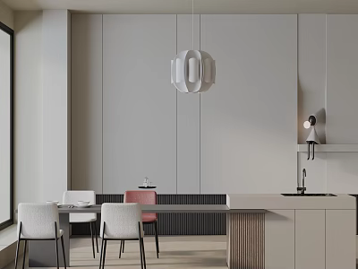 Modern Dining Table Set With Chairs Pendant Light Light Gray Cabinets And Light Floor 3d model