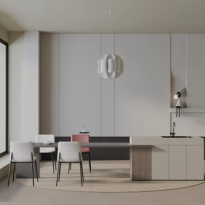 Modern Dining Table Set With Chairs Pendant Light Light Gray Cabinets And Light Floor 3d model