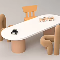 Kids White Oval Table with Brown Chairs Featuring Black Toy Car and Wooden Train