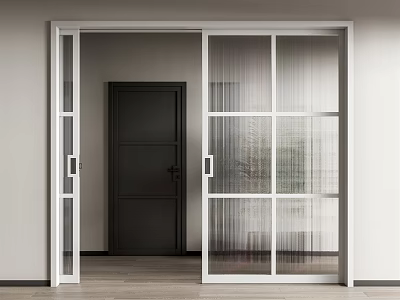 White Sliding Doors With Glass And Vertical Lines In Light Wall Wooden Floor Room 3d model