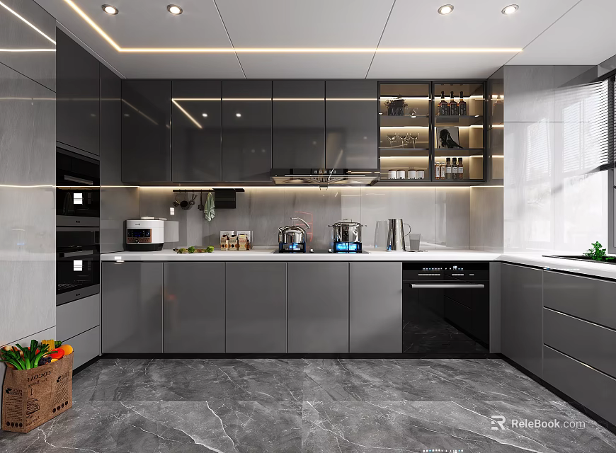 Modern Kitchen Interior With Grey Cabinets Marble Countertops Appliances And Recessed Lighting 3d model 