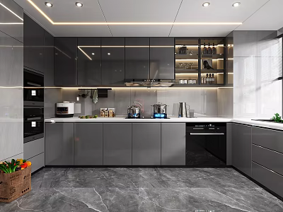 Modern Kitchen Interior With Grey Cabinets Marble Countertops Appliances And Recessed Lighting 3d model