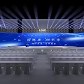 Modern Conference Stage With Large Blue Screen Asia Dragon Pajero Logo And Seats