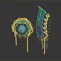 Fantasy Blue Glowing Weapon Set With Golden Decorations Chains And Spikes