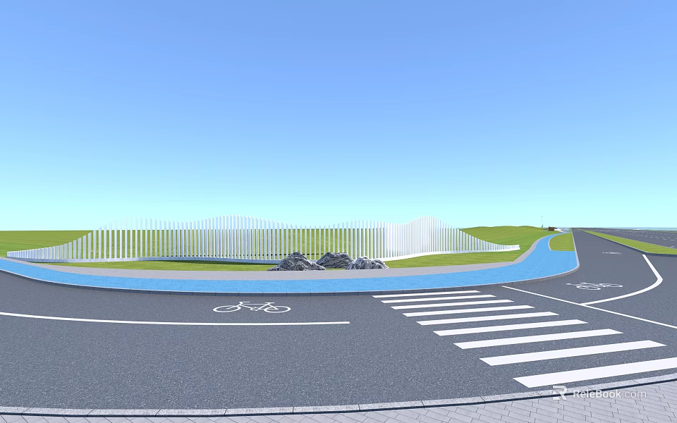 Curved Urban Road Scene With Bicycle Lane Zebra Crossing Water Fountain And Green Grass 3d model 