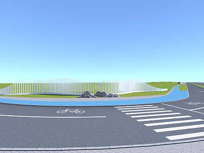 Curved Urban Road Scene With Bicycle Lane Zebra Crossing Water Fountain And Green Grass 3d model