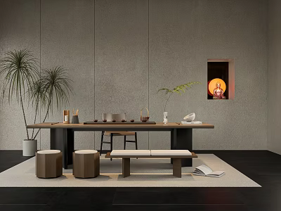 Minimalist Tea Table With Chairs Potted Plants And Decorative Buddha Niche On Rug 3d model