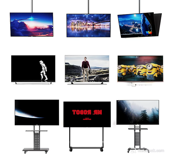 Modern TVs Featuring Various Display Scenes Landscapes Characters And Stand Design 3d model 
