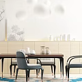 Modern Dining Table Set With Gray Chairs Pendant Lights And Wall Art 3d model