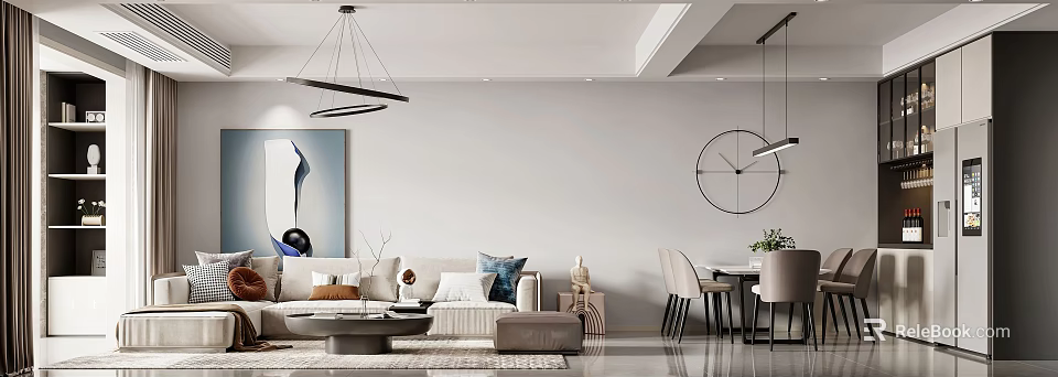 Modern Living and Dining Room Interior Design With Sofa Coffee Table And Wall Clock 3d model