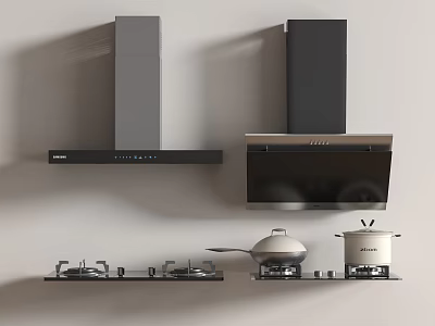 Modern Kitchen Appliances Featuring Range Hoods Gas Stoves And Cooking Pans 3d model