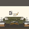 Modern Living Room Interior With Green Sofa Wooden Benches Glass Coffee Table And Wall Artworks