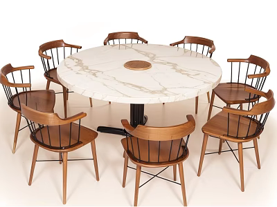 Round Marble Top Dining Table Set With Wooden Dining Chairs For Eight 3d model
