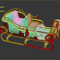 Elegant Red Christmas Sleigh With Blue Seats And Metal Frame Accents