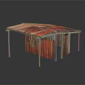 Minimalist Building Structure Featuring Red Striped Design Pink Striped Roof And Metal Supports