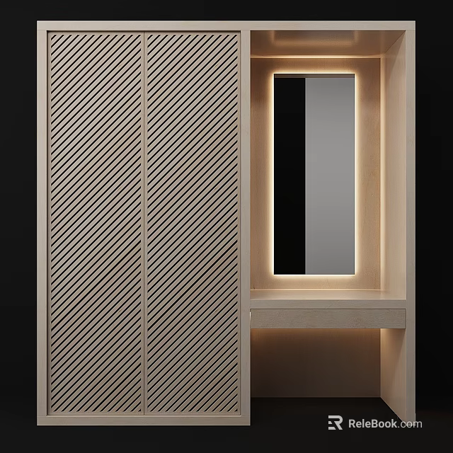 Elegant Modern Wardrobe Design With Striped Panels Mirror And Ambient Lighting 3d model 
