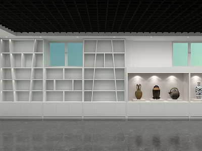 White Display Shelves with Multiple Compartments and Windows in Modern Interior Design Showcasing Decorative Vases 3d model