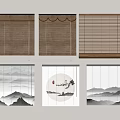 Various Window Blinds with Bamboo Fabric Landscape Painting Patterns Simple Design and Circular Element 3d model